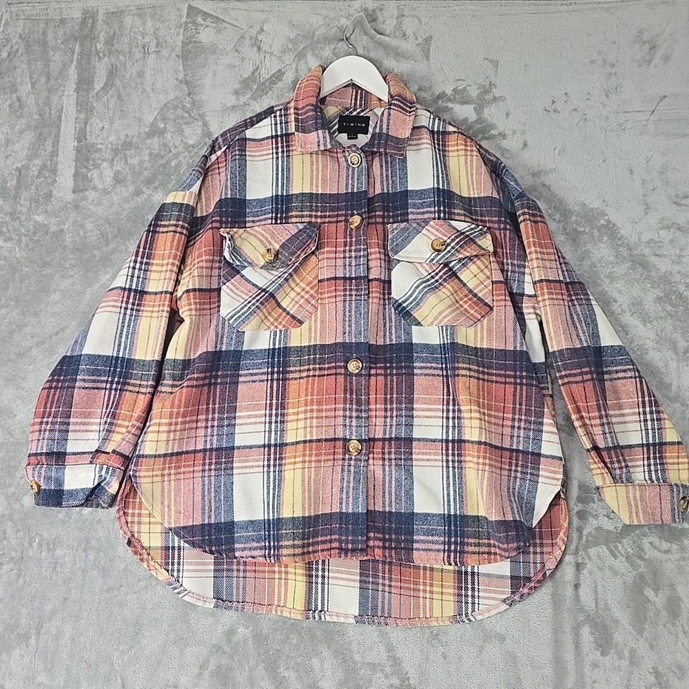 Timing Womens Plaid Wool Blend Shacket Large Oversized Pink Blue Outdoors‎